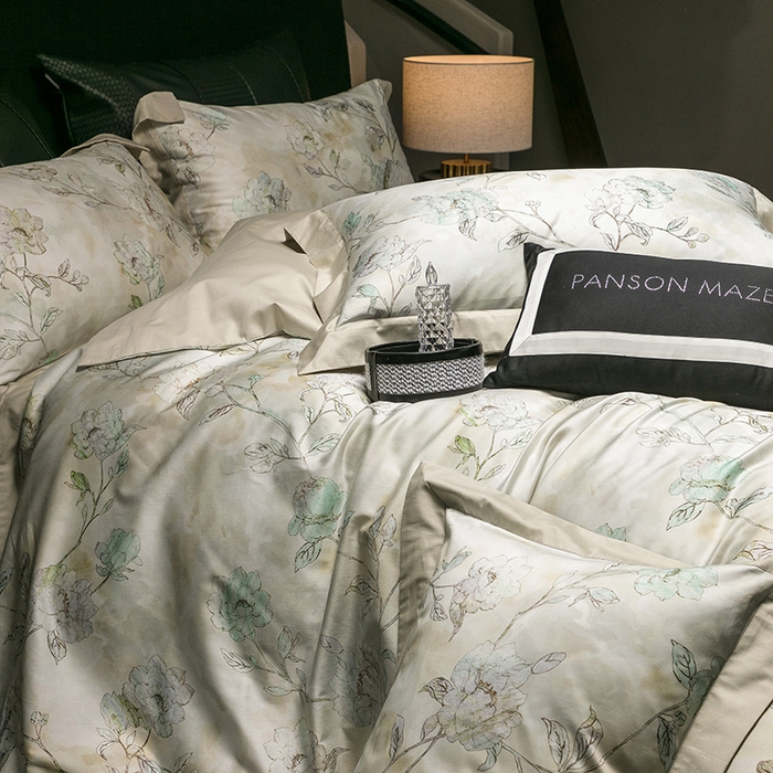 91家纺网 家纺一手货源 找家纺 威克凯丽 2024新款100S缎面数码印花四件套 阑珊屿（灰绿）