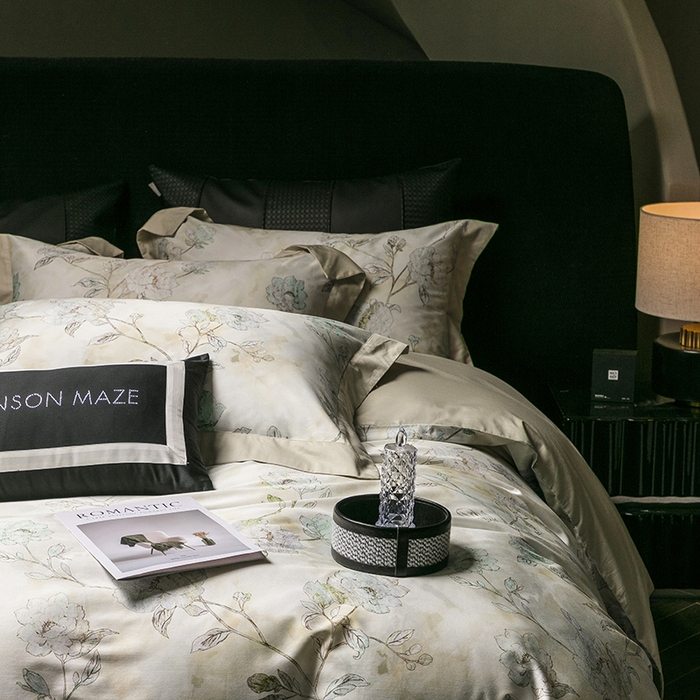 91家纺网 家纺一手货源 找家纺 威克凯丽 2024新款100S缎面数码印花四件套 阑珊屿（灰绿）