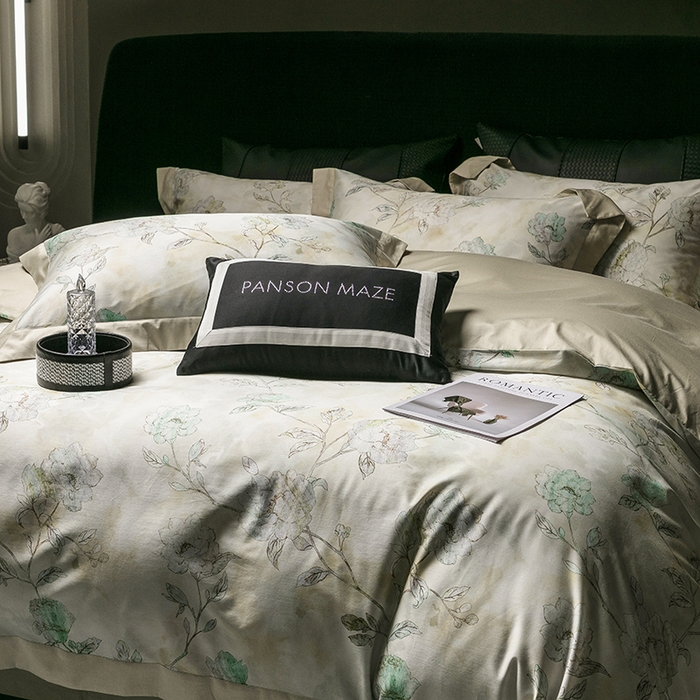 91家纺网 家纺一手货源 找家纺 威克凯丽 2024新款100S缎面数码印花四件套 阑珊屿（灰绿）