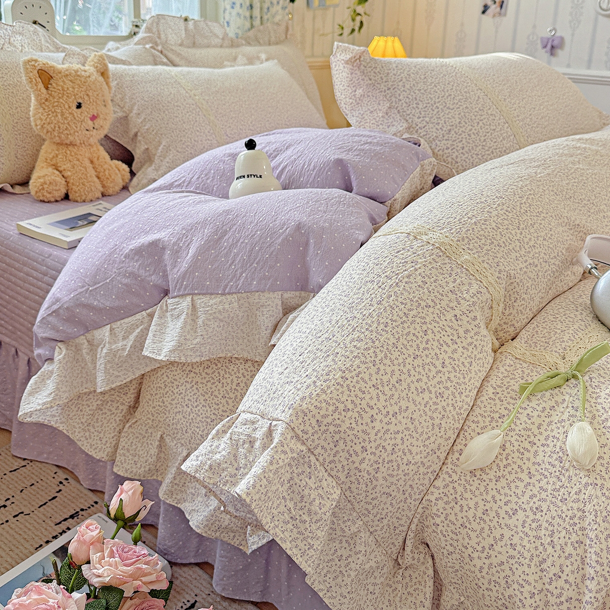 91家纺网 家纺一手货源 找家纺 （总）富米莱（原臻工厂） 2025新款韩式云感亲肤棉蝴蝶结工艺床盖床裙四件套