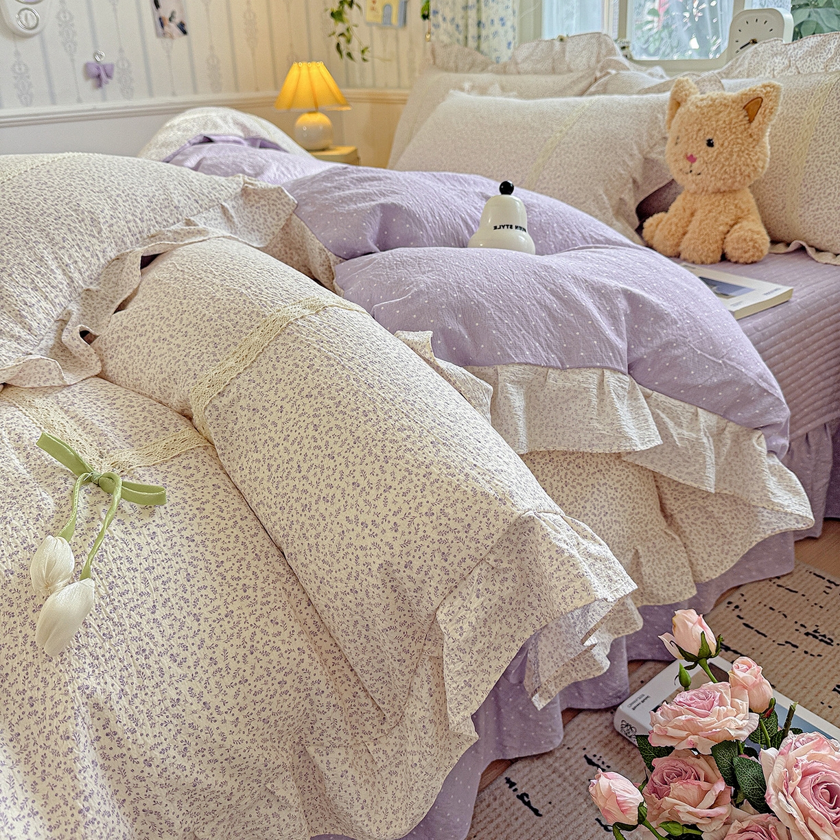 91家纺网 家纺一手货源 找家纺 （总）富米莱（原臻工厂） 2025新款韩式云感亲肤棉蝴蝶结工艺床盖床裙四件套