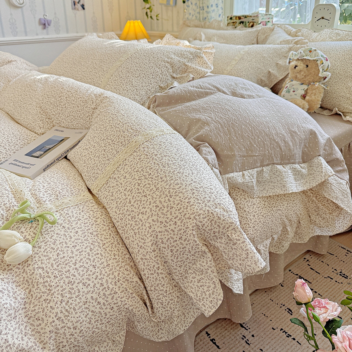 91家纺网 家纺一手货源 找家纺 （总）富米莱（原臻工厂） 2025新款韩式云感亲肤棉蝴蝶结工艺床盖床裙四件套