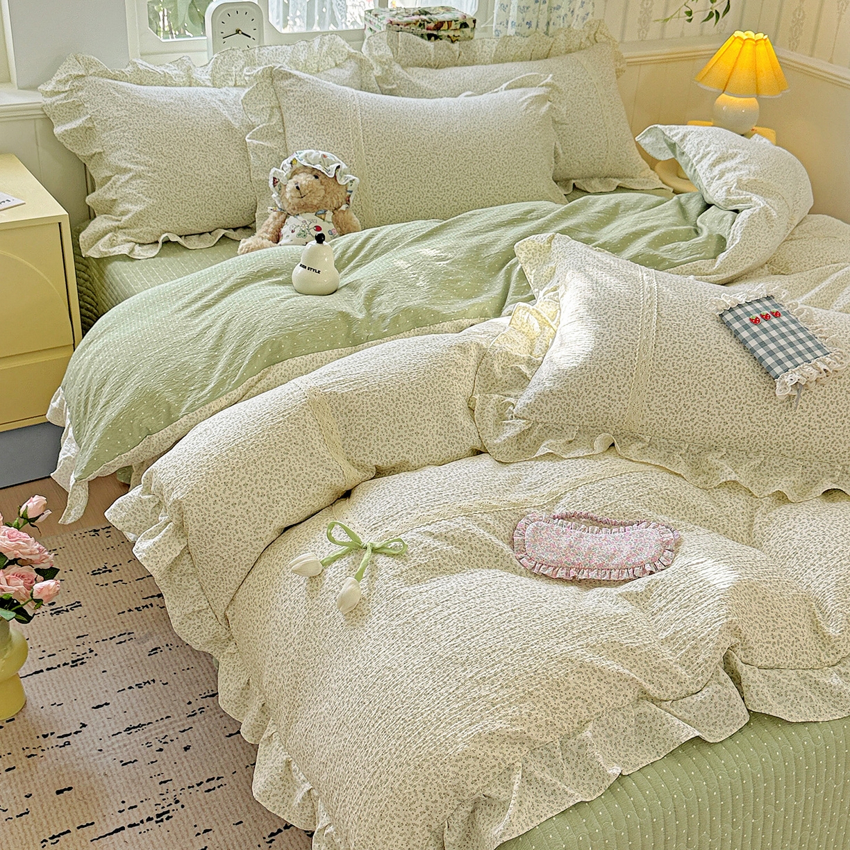 91家纺网 家纺一手货源 找家纺 富米莱（原臻工厂） 2025新款韩式云感亲肤棉蝴蝶结工艺床盖床裙四件套 韩系小波点-抹茶绿