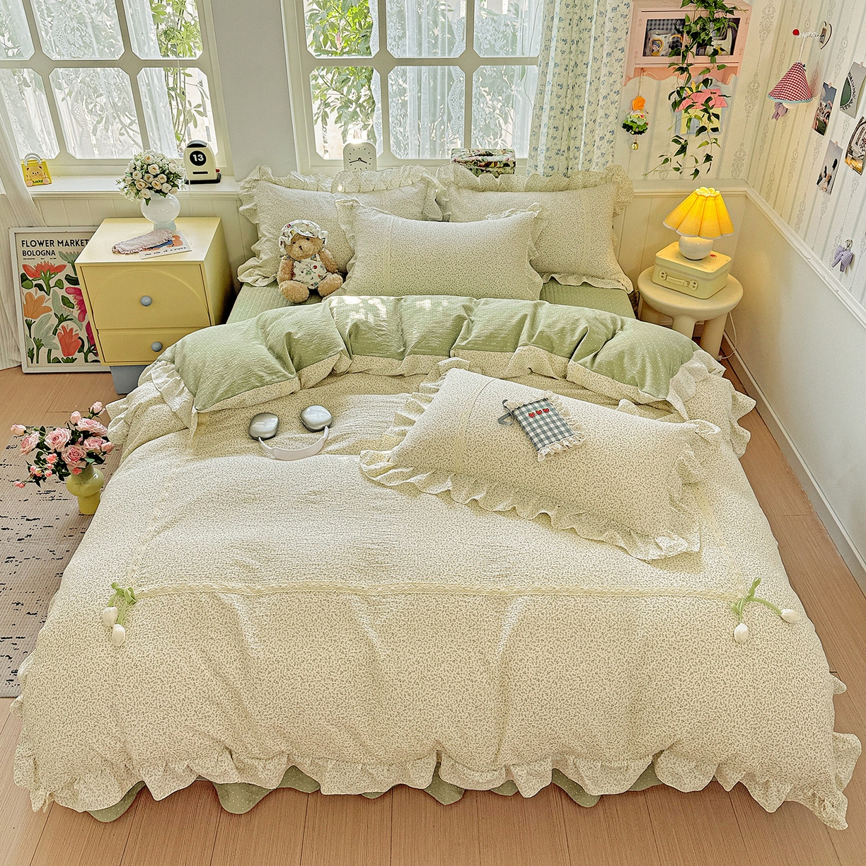 91家纺网 家纺一手货源 找家纺 富米莱（原臻工厂） 2025新款韩式云感亲肤棉蝴蝶结工艺床盖床裙四件套 韩系小波点-抹茶绿
