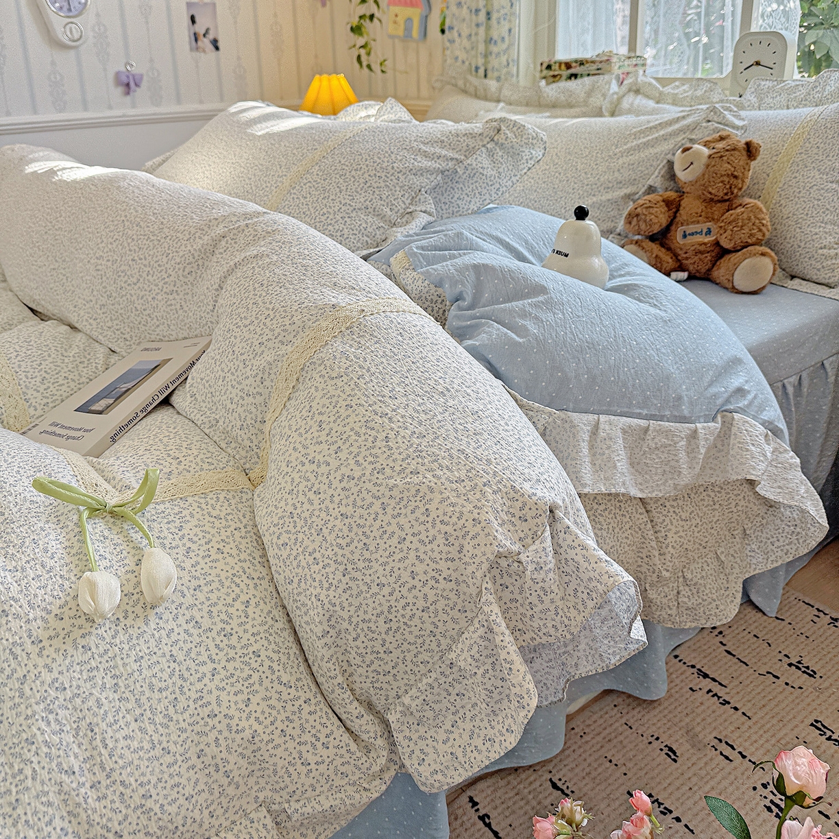 91家纺网 家纺一手货源 找家纺 （总）富米莱（原臻工厂） 2025新款韩式云感亲肤棉蝴蝶结工艺床盖床裙四件套