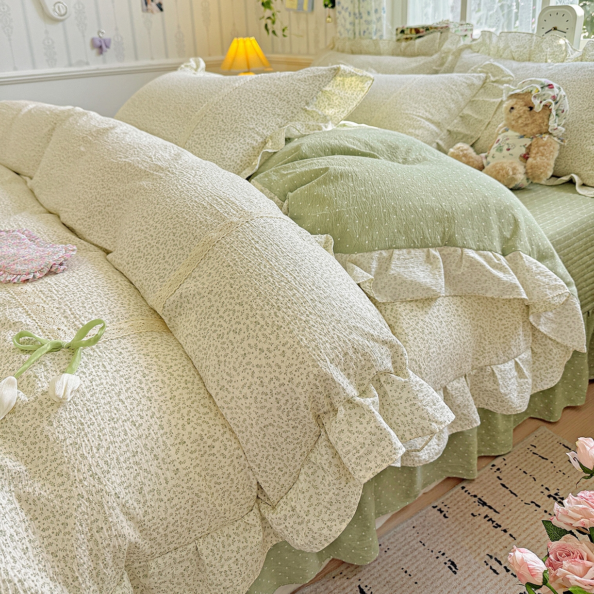 91家纺网 家纺一手货源 找家纺 富米莱（原臻工厂） 2025新款韩式云感亲肤棉蝴蝶结工艺床盖床裙四件套 韩系小波点-抹茶绿