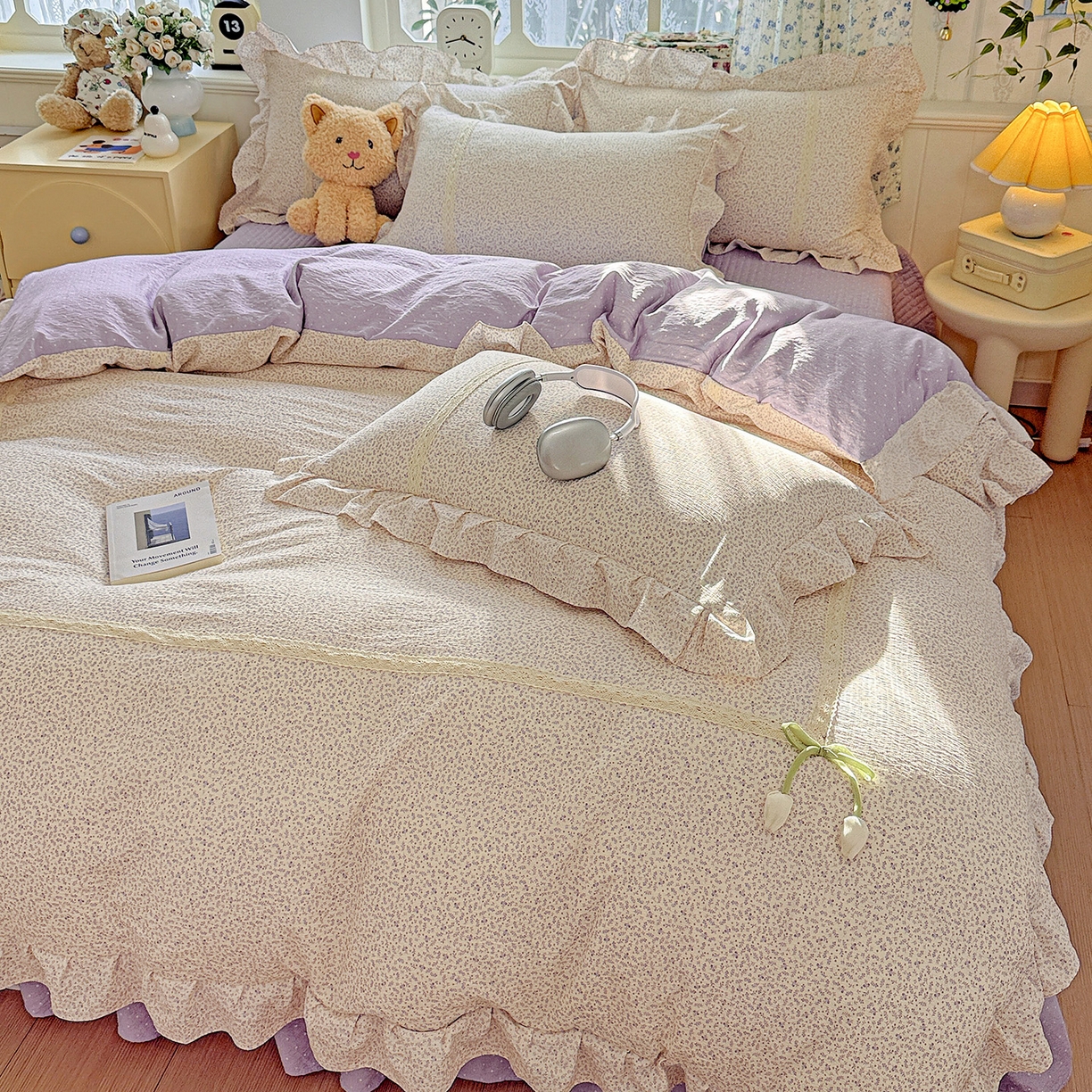 91家纺网 家纺一手货源 找家纺 （总）富米莱（原臻工厂） 2025新款韩式云感亲肤棉蝴蝶结工艺床盖床裙四件套