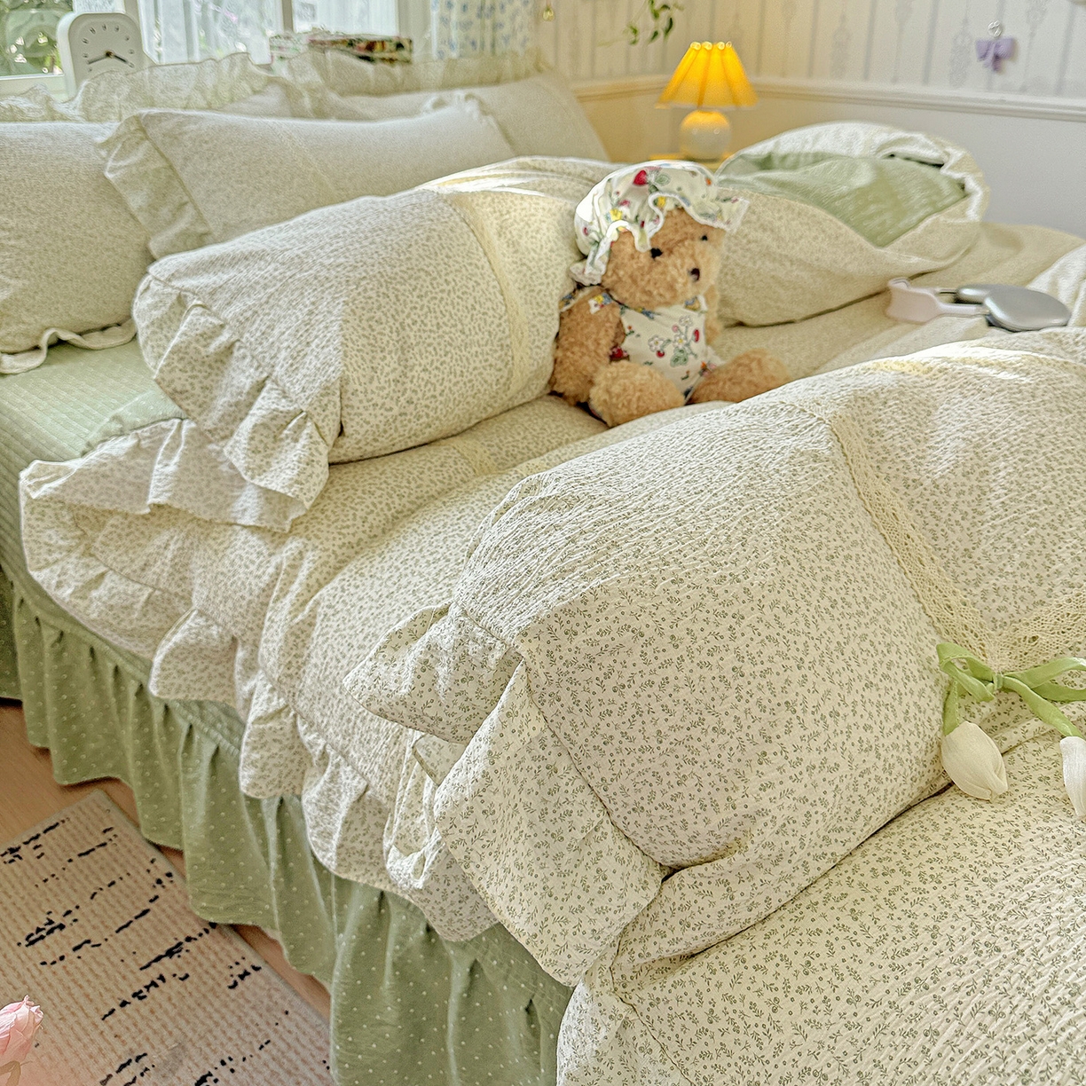 91家纺网 家纺一手货源 找家纺 富米莱（原臻工厂） 2025新款韩式云感亲肤棉蝴蝶结工艺床盖床裙四件套 韩系小波点-抹茶绿