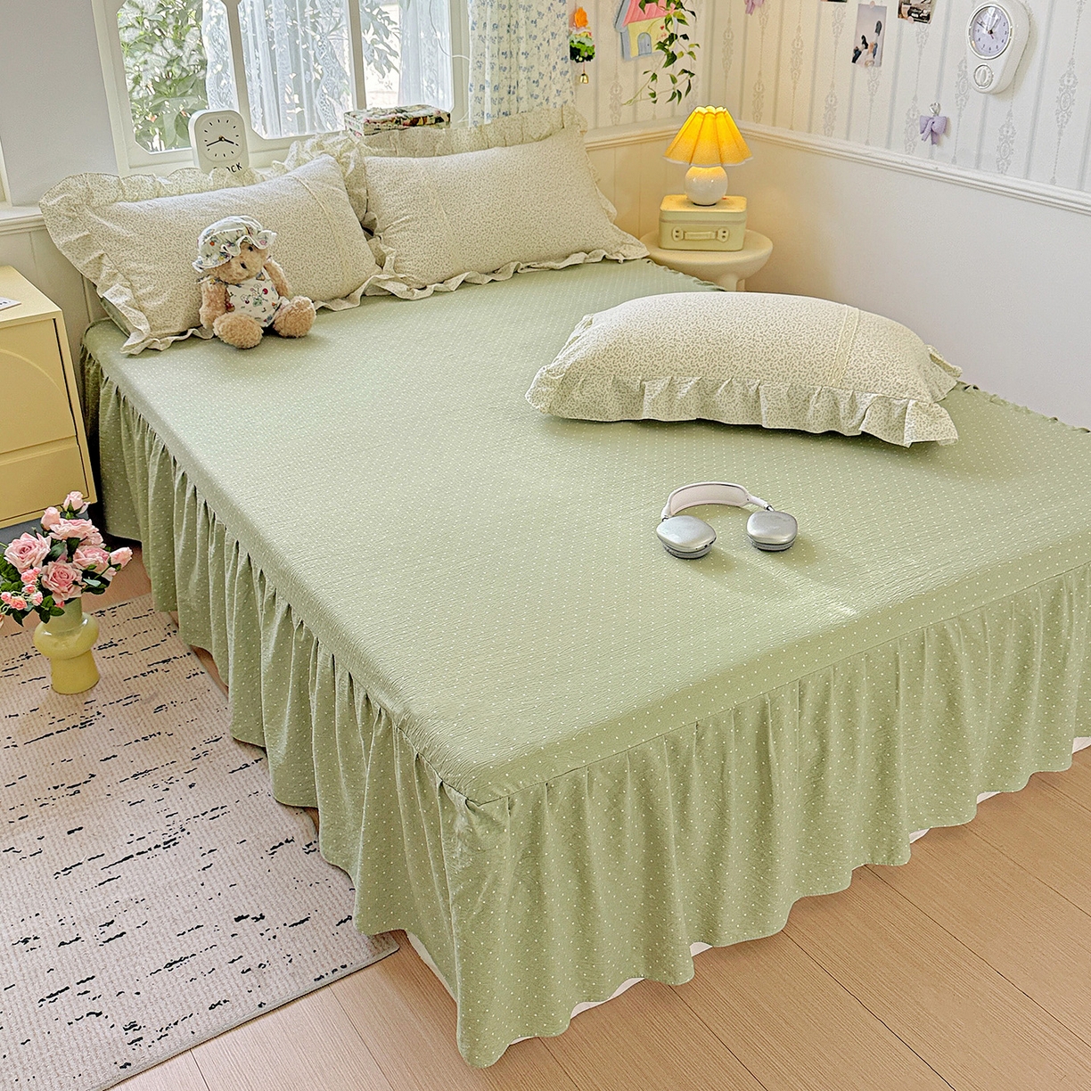 91家纺网 家纺一手货源 找家纺 富米莱（原臻工厂） 2025新款韩式云感亲肤棉蝴蝶结工艺床盖床裙四件套 韩系小波点-抹茶绿