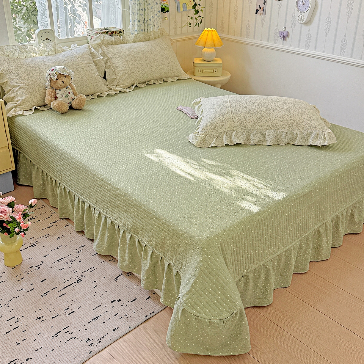 91家纺网 家纺一手货源 找家纺 富米莱（原臻工厂） 2025新款韩式云感亲肤棉蝴蝶结工艺床盖床裙四件套 韩系小波点-抹茶绿