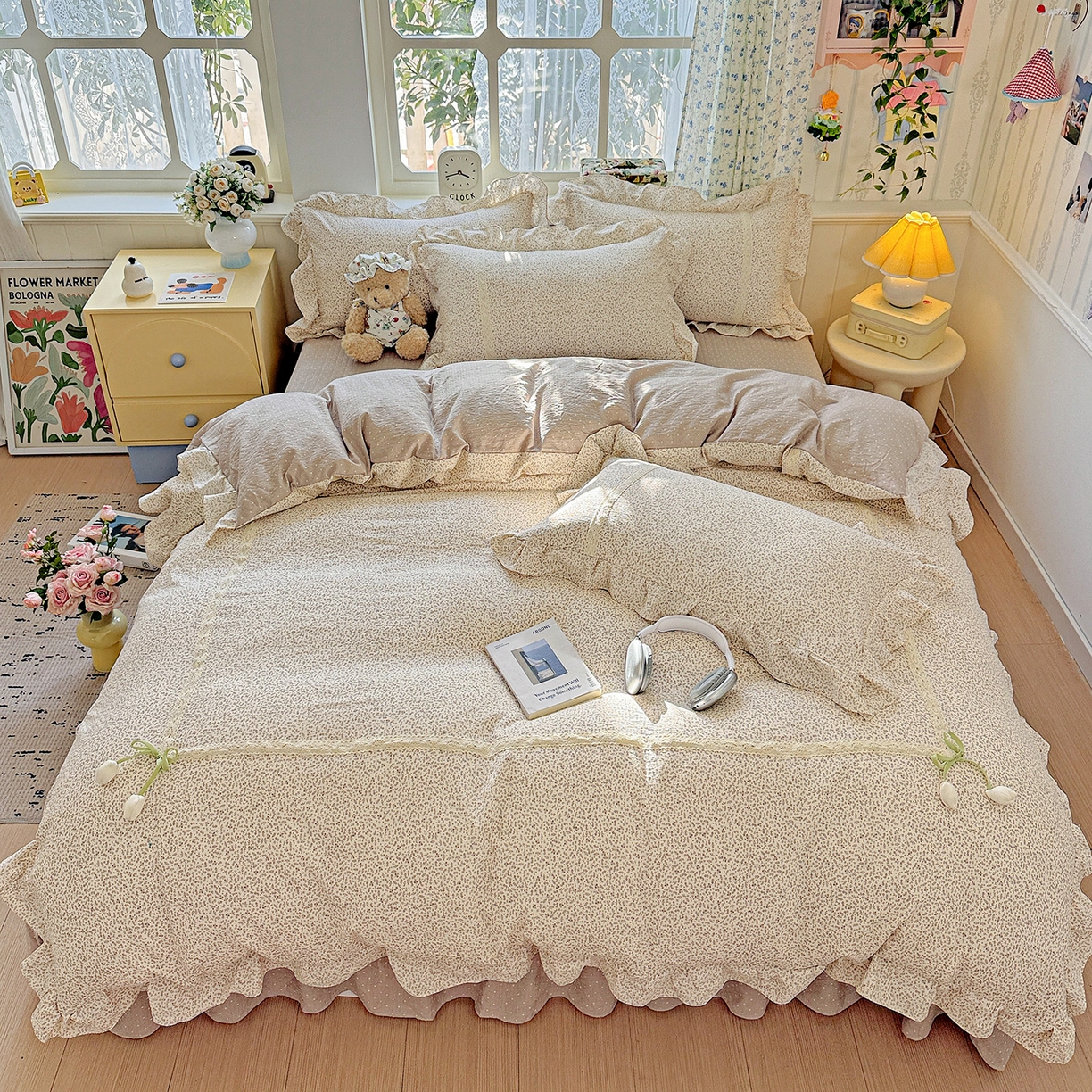 91家纺网 家纺一手货源 找家纺 富米莱（原臻工厂） 2025新款韩式云感亲肤棉蝴蝶结工艺床盖床裙四件套 韩系小波点-巧克力棕