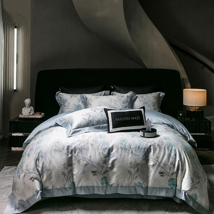 91家纺网 家纺一手货源 找家纺 威克凯丽 2024新款100S缎面数码印花四件套 阑珊屿（软香兰）