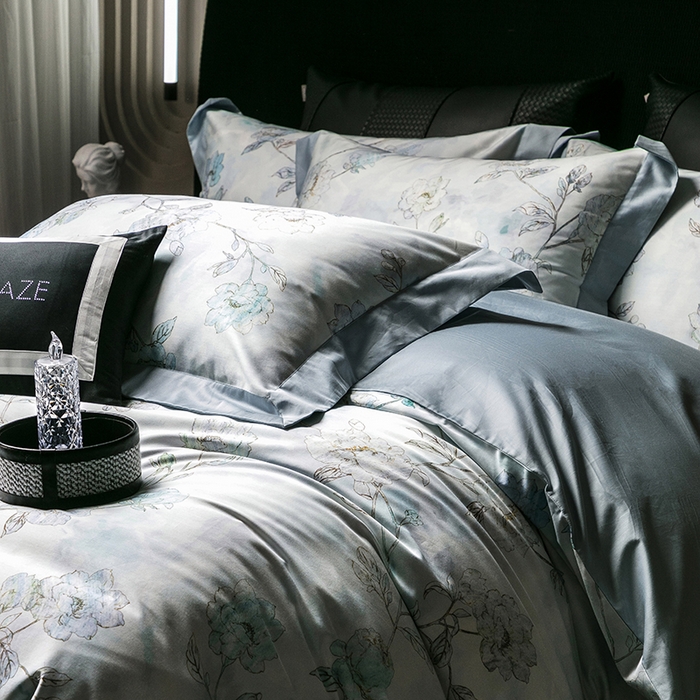 91家纺网 家纺一手货源 找家纺 威克凯丽 2024新款100S缎面数码印花四件套 阑珊屿（软香兰）