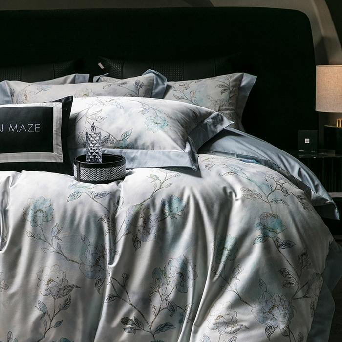 91家纺网 家纺一手货源 找家纺 威克凯丽 2024新款100S缎面数码印花四件套 阑珊屿（软香兰）