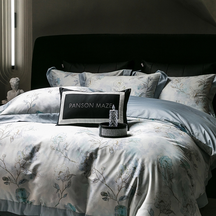 91家纺网 家纺一手货源 找家纺 威克凯丽 2024新款100S缎面数码印花四件套 阑珊屿（软香兰）