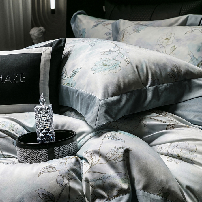 91家纺网 家纺一手货源 找家纺 威克凯丽 2024新款100S缎面数码印花四件套 阑珊屿（软香兰）