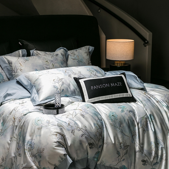 91家纺网 家纺一手货源 找家纺 威克凯丽 2024新款100S缎面数码印花四件套 阑珊屿（软香兰）