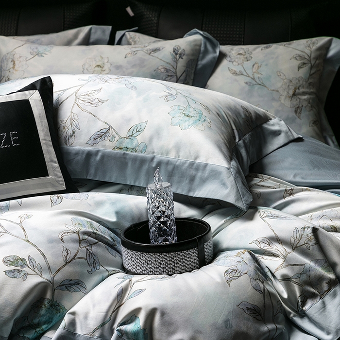 91家纺网 家纺一手货源 找家纺 威克凯丽 2024新款100S缎面数码印花四件套 阑珊屿（软香兰）