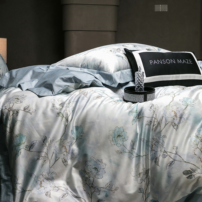 91家纺网 家纺一手货源 找家纺 威克凯丽 2024新款100S缎面数码印花四件套 阑珊屿（软香兰）