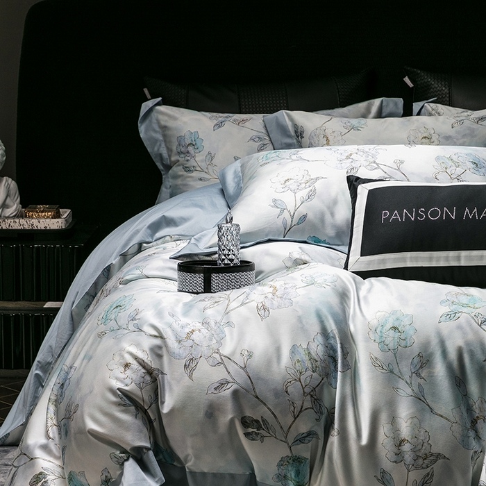 91家纺网 家纺一手货源 找家纺 威克凯丽 2024新款100S缎面数码印花四件套 阑珊屿（软香兰）