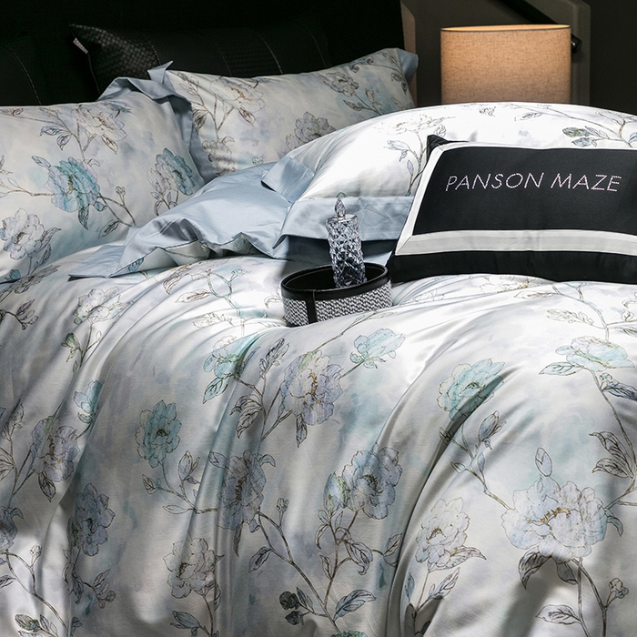 91家纺网 家纺一手货源 找家纺 威克凯丽 2024新款100S缎面数码印花四件套 阑珊屿（软香兰）