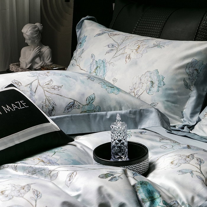 91家纺网 家纺一手货源 找家纺 威克凯丽 2024新款100S缎面数码印花四件套 阑珊屿（软香兰）