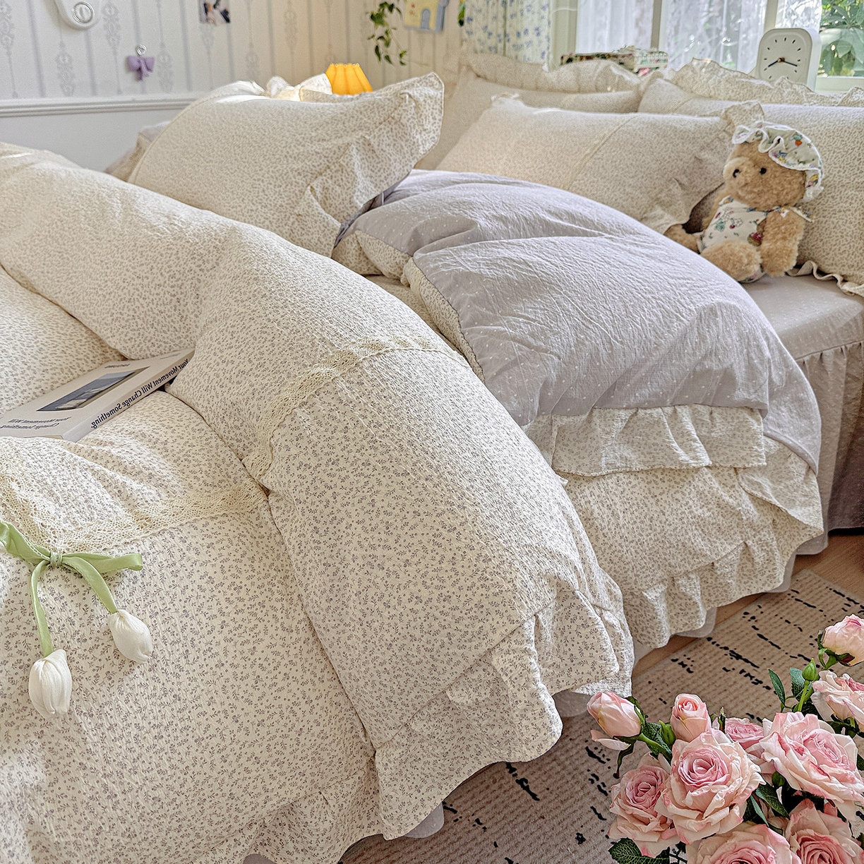 富米莱（原臻工厂） 2025新款韩式云感亲肤棉蝴蝶结工艺床盖床裙四件套 韩系小波点-云霜灰