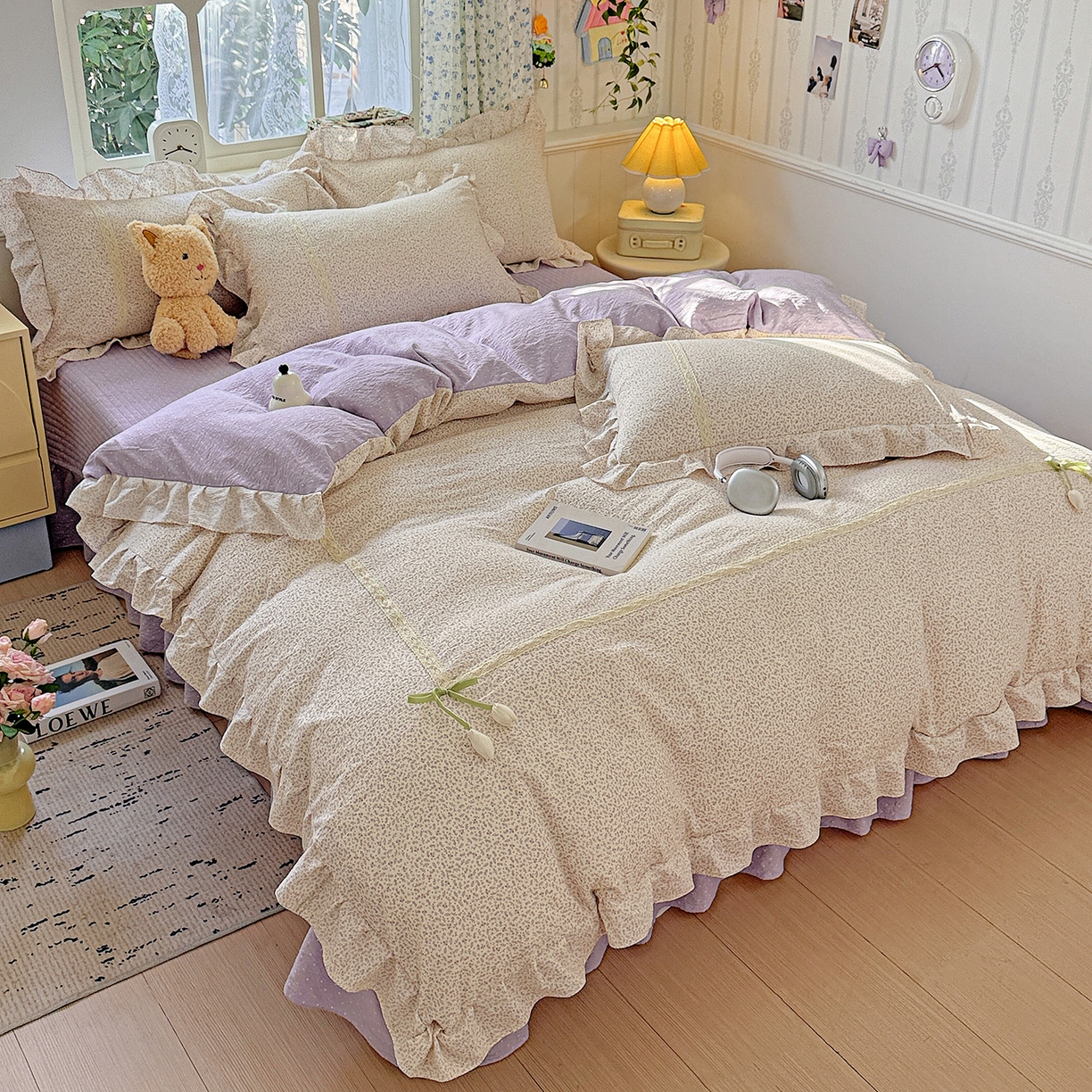 91家纺网 家纺一手货源 找家纺 富米莱（原臻工厂） 2025新款韩式云感亲肤棉蝴蝶结工艺床盖床裙四件套 韩系小波点-丁香紫