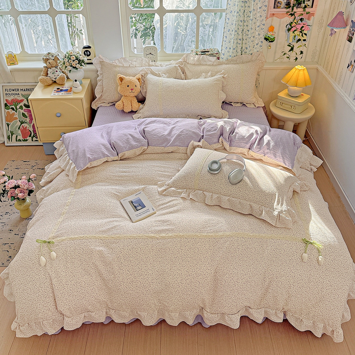 91家纺网 家纺一手货源 找家纺 富米莱（原臻工厂） 2025新款韩式云感亲肤棉蝴蝶结工艺床盖床裙四件套 韩系小波点-丁香紫