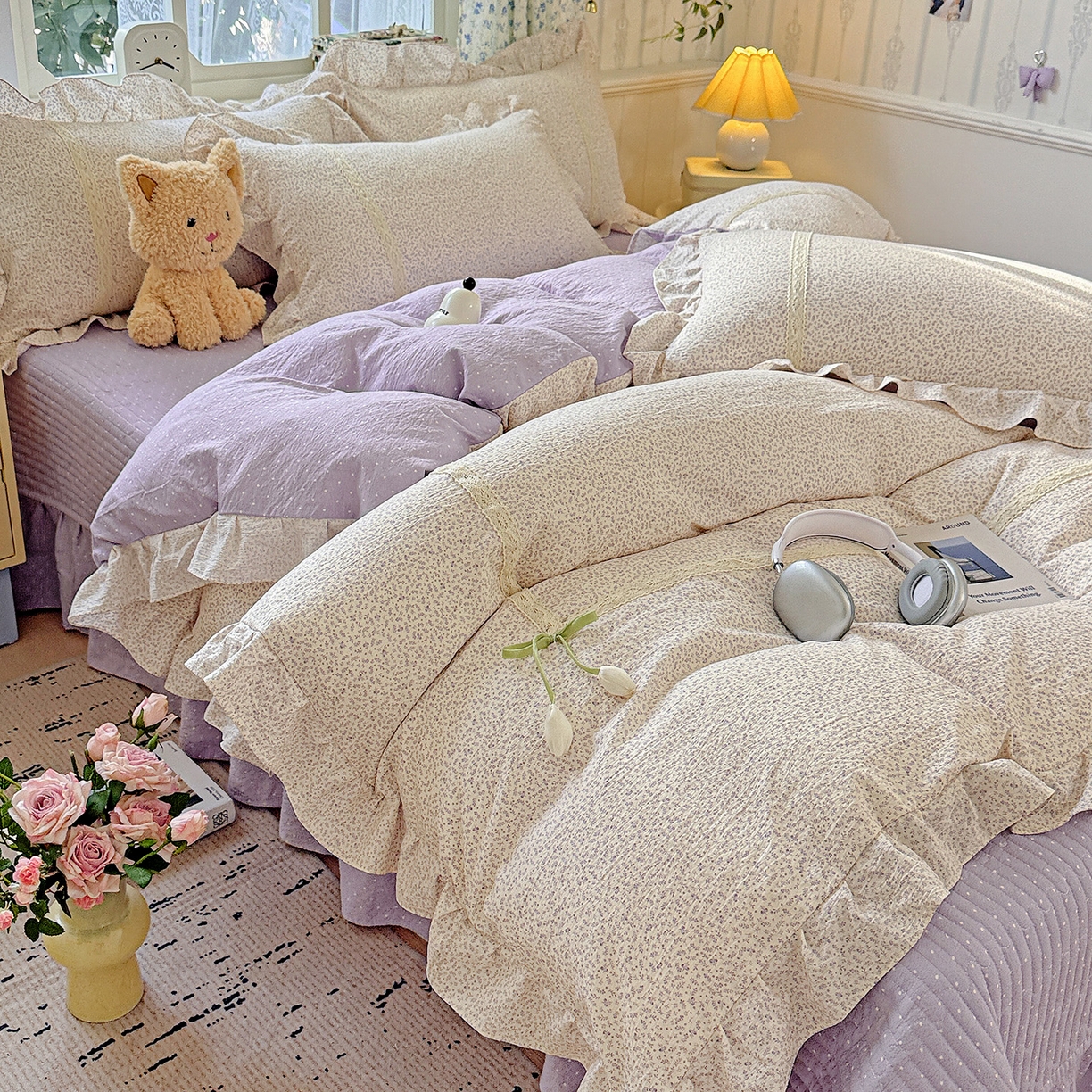 91家纺网 家纺一手货源 找家纺 富米莱（原臻工厂） 2025新款韩式云感亲肤棉蝴蝶结工艺床盖床裙四件套 韩系小波点-丁香紫