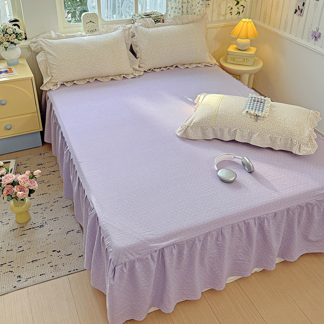 91家纺网 家纺一手货源 找家纺 富米莱（原臻工厂） 2025新款韩式云感亲肤棉蝴蝶结工艺床盖床裙四件套 韩系小波点-丁香紫