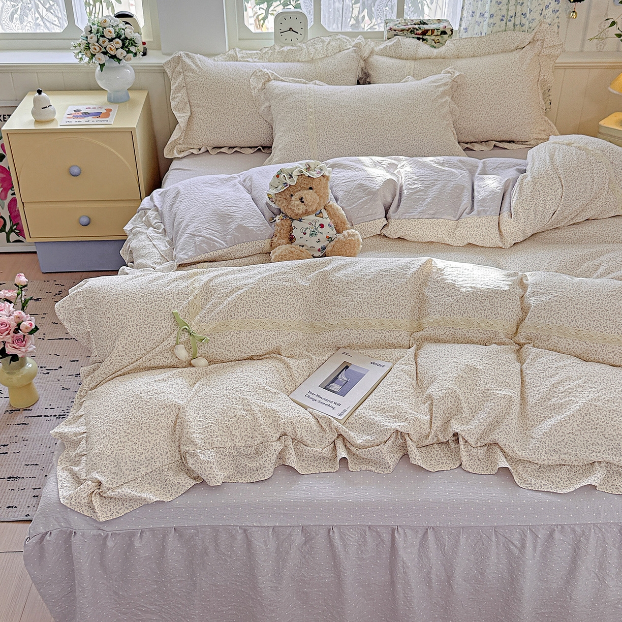 91家纺网 家纺一手货源 找家纺 富米莱（原臻工厂） 2025新款韩式云感亲肤棉蝴蝶结工艺床盖床裙四件套 韩系小波点-云霜灰