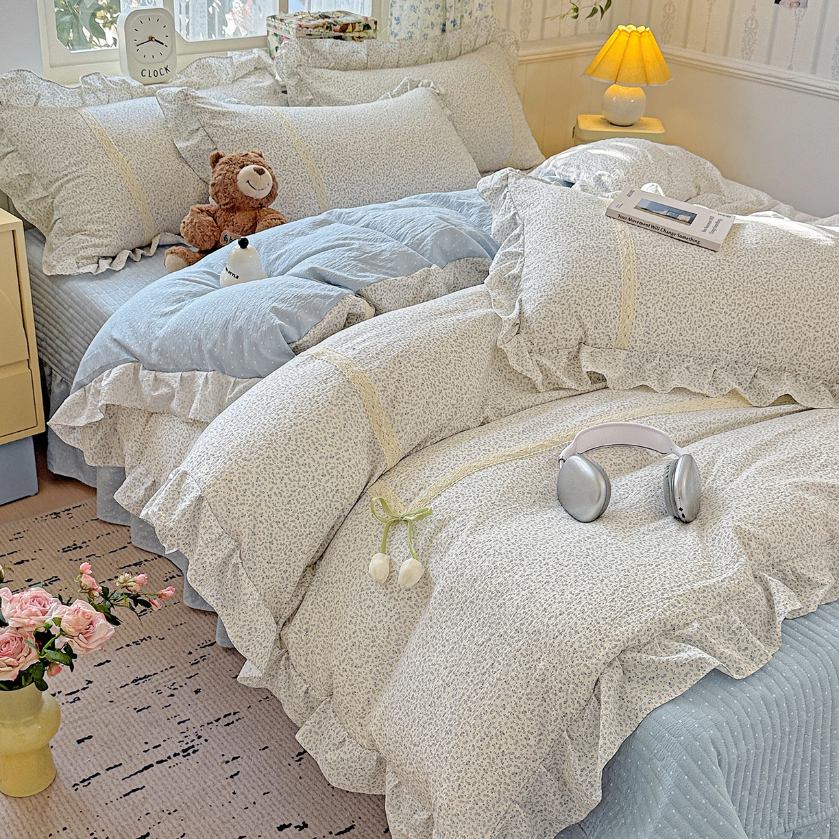 91家纺网 家纺一手货源 找家纺 富米莱（原臻工厂） 2025新款韩式云感亲肤棉蝴蝶结工艺床盖床裙四件套 韩系小波点-茉雾蓝