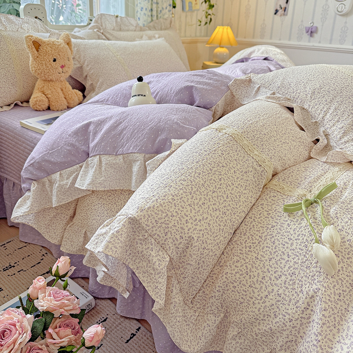 91家纺网 家纺一手货源 找家纺 富米莱（原臻工厂） 2025新款韩式云感亲肤棉蝴蝶结工艺床盖床裙四件套 韩系小波点-丁香紫