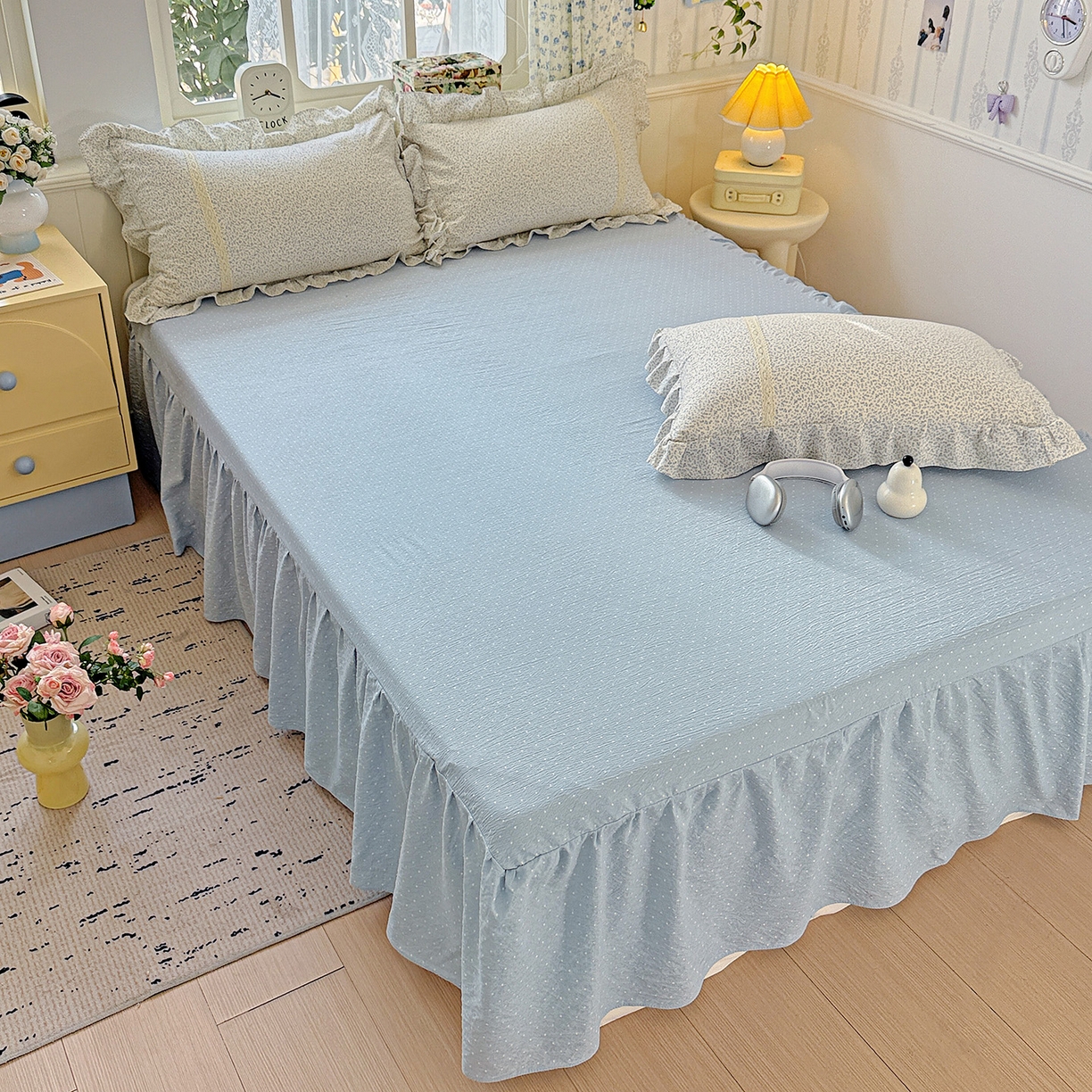 91家纺网 家纺一手货源 找家纺 富米莱（原臻工厂） 2025新款韩式云感亲肤棉蝴蝶结工艺床盖床裙四件套 韩系小波点-茉雾蓝