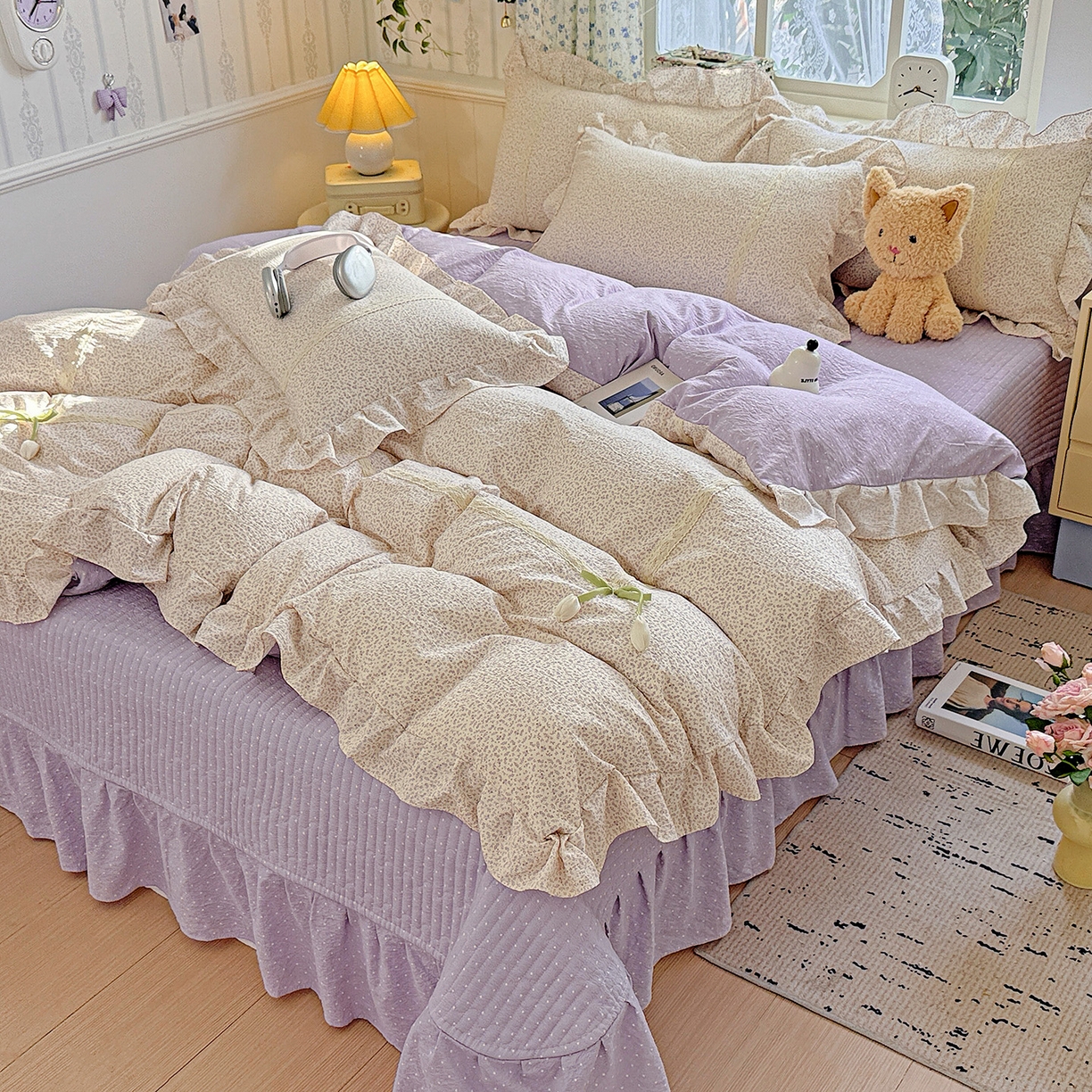 91家纺网 家纺一手货源 找家纺 富米莱（原臻工厂） 2025新款韩式云感亲肤棉蝴蝶结工艺床盖床裙四件套 韩系小波点-丁香紫