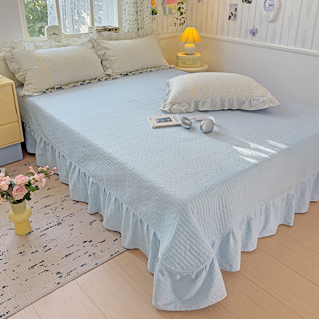 91家纺网 家纺一手货源 找家纺 富米莱（原臻工厂） 2025新款韩式云感亲肤棉蝴蝶结工艺床盖床裙四件套 韩系小波点-茉雾蓝