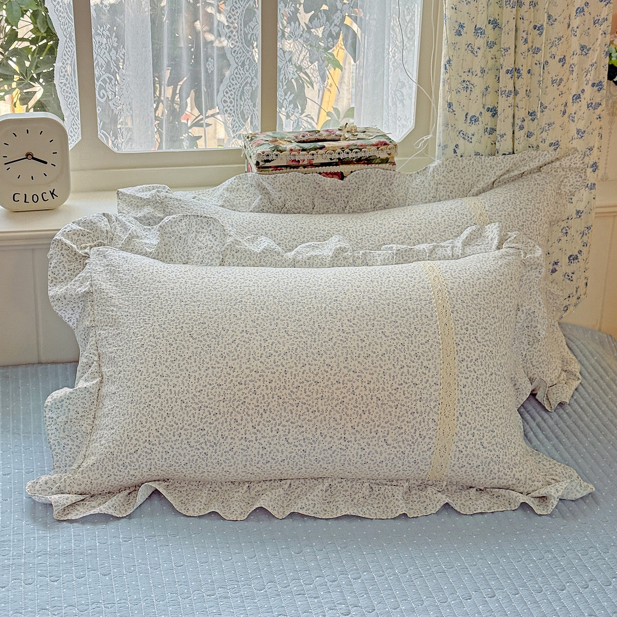 91家纺网 家纺一手货源 找家纺 富米莱（原臻工厂） 2025新款韩式云感亲肤棉蝴蝶结工艺床盖床裙四件套 韩系小波点-茉雾蓝