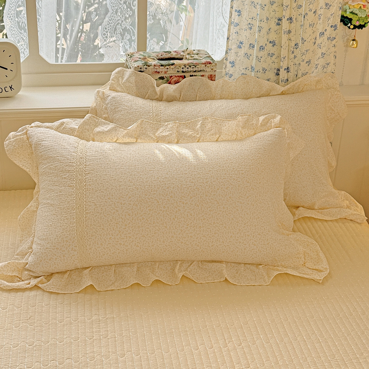 91家纺网 家纺一手货源 找家纺 富米莱（原臻工厂） 2025新款韩式云感亲肤棉蝴蝶结工艺床盖床裙四件套 韩系小波点-奶油黄