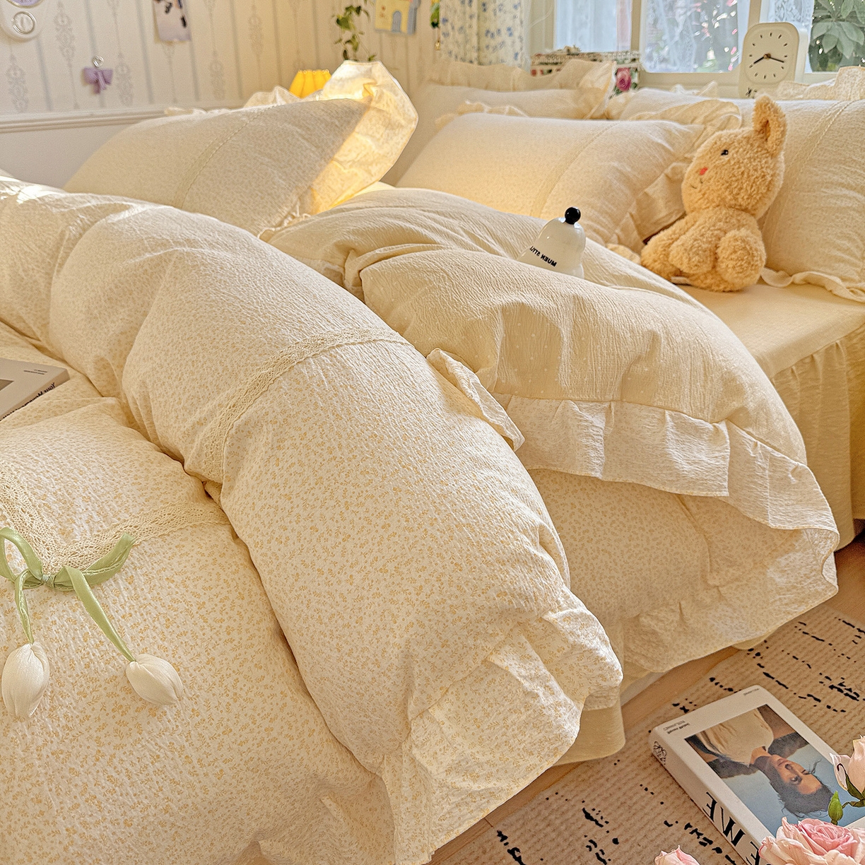 富米莱（原臻工厂） 2025新款韩式云感亲肤棉蝴蝶结工艺床盖床裙四件套 韩系小波点-奶油黄