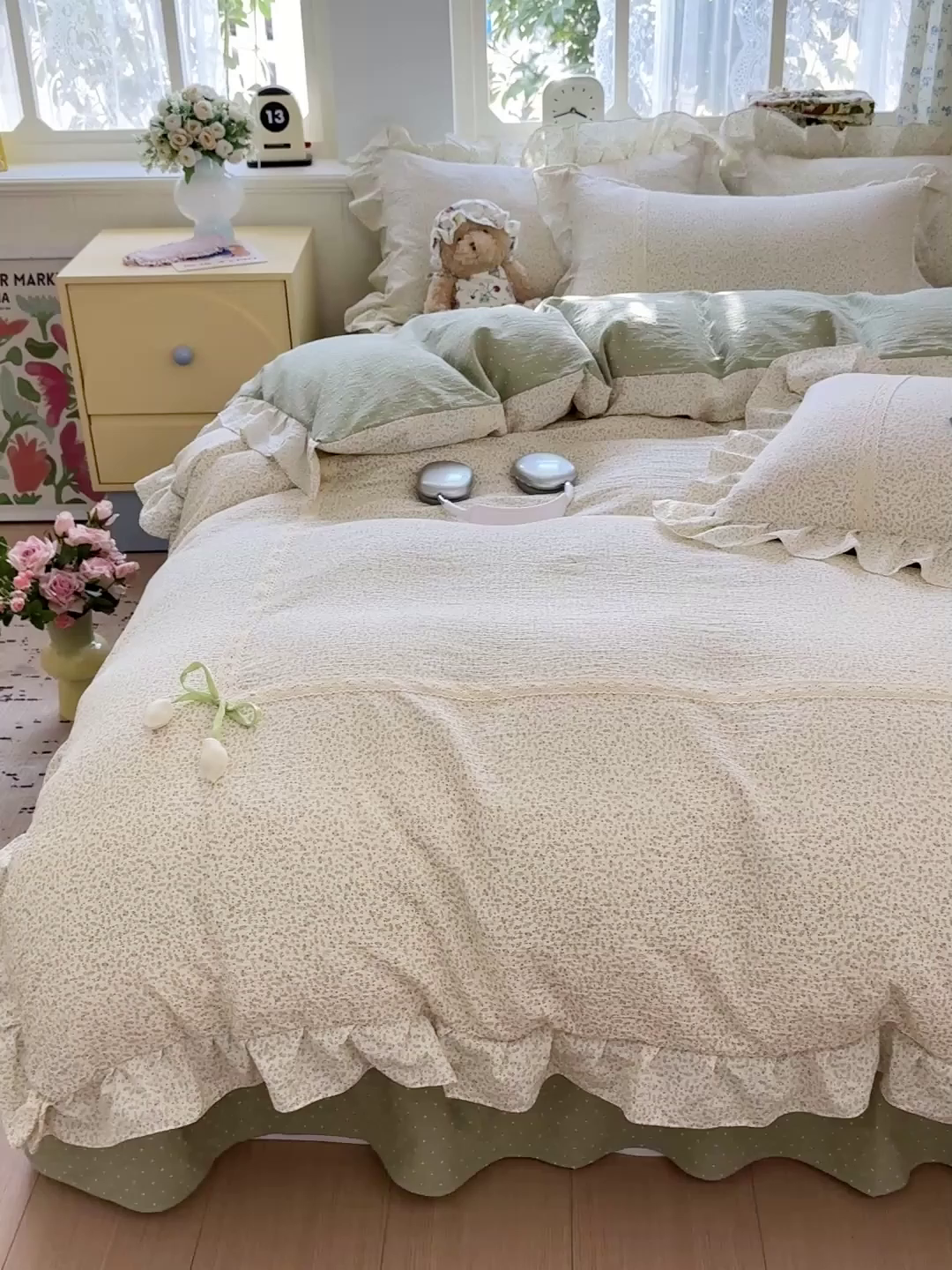 91家纺网 家纺一手货源 找家纺 富米莱（原臻工厂） 2025新款韩式云感亲肤棉蝴蝶结工艺床盖床裙四件套 韩系小波点-抹茶绿