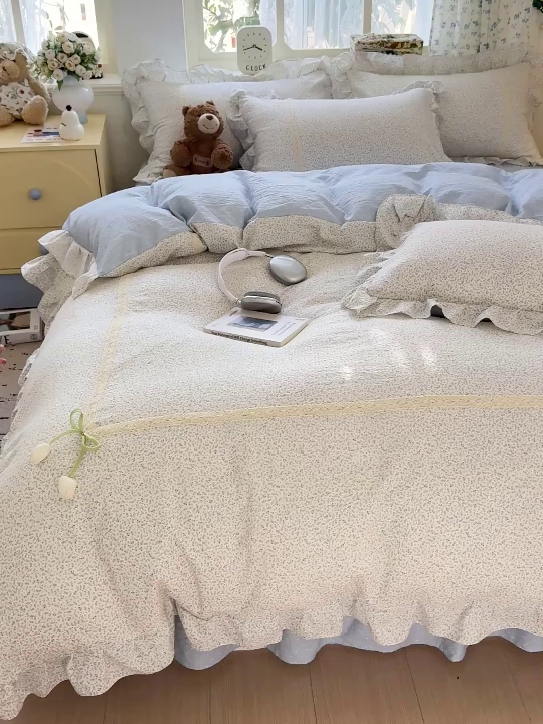 91家纺网 家纺一手货源 找家纺 富米莱（原臻工厂） 2025新款韩式云感亲肤棉蝴蝶结工艺床盖床裙四件套 韩系小波点-茉雾蓝