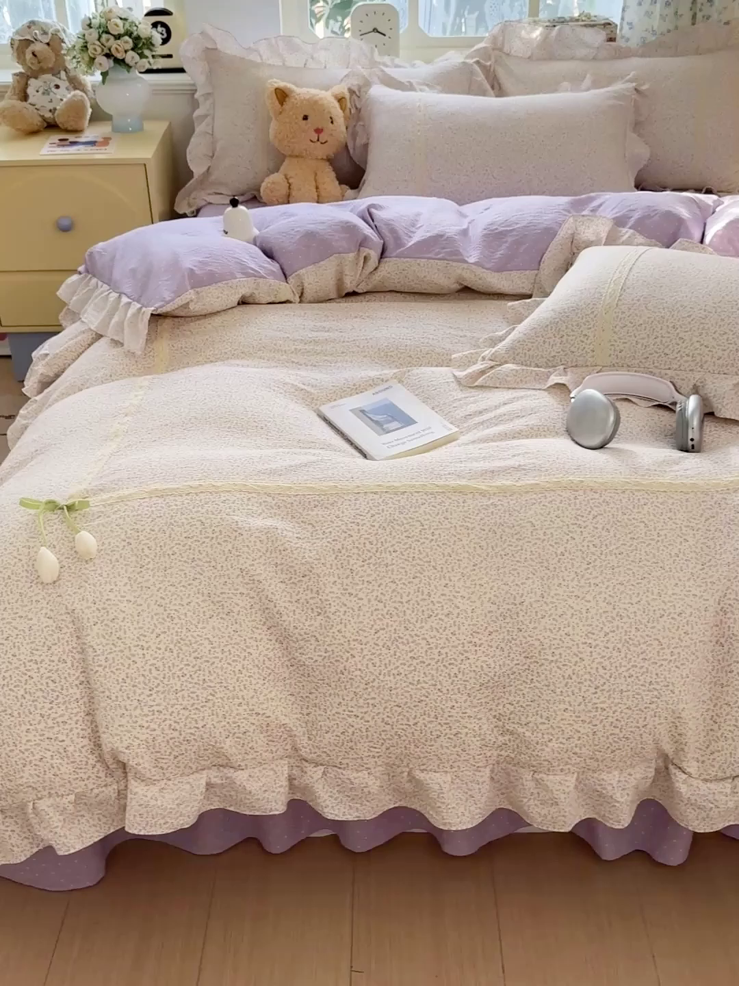91家纺网 家纺一手货源 找家纺 富米莱（原臻工厂） 2025新款韩式云感亲肤棉蝴蝶结工艺床盖床裙四件套 韩系小波点-丁香紫