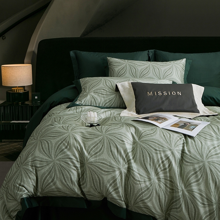 91家纺网 家纺一手货源 找家纺 威克凯丽 2024新款100S缎面数码印花四件套 西西里-墨绿