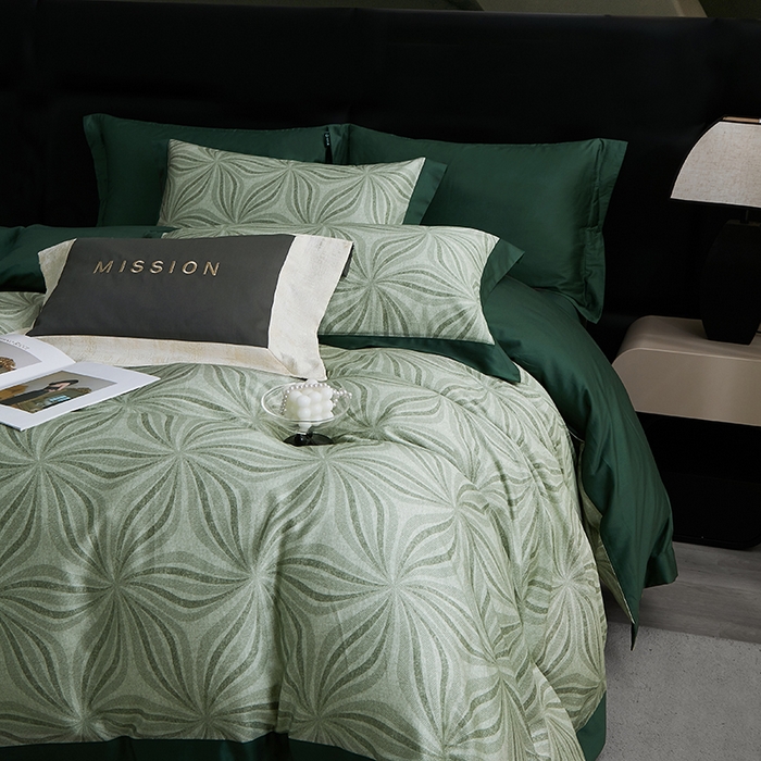 91家纺网 家纺一手货源 找家纺 威克凯丽 2024新款100S缎面数码印花四件套 西西里-墨绿