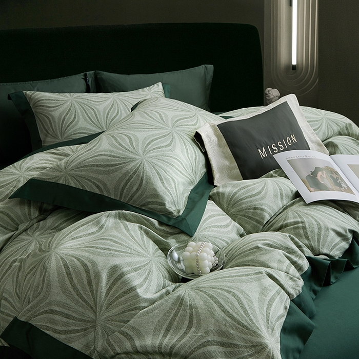 91家纺网 家纺一手货源 找家纺 威克凯丽 2024新款100S缎面数码印花四件套 西西里-墨绿