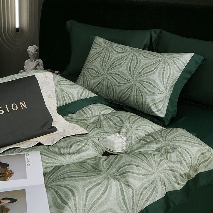 91家纺网 家纺一手货源 找家纺 威克凯丽 2024新款100S缎面数码印花四件套 西西里-墨绿