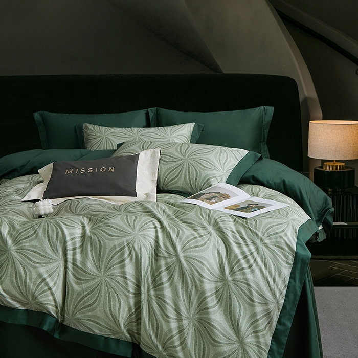 91家纺网 家纺一手货源 找家纺 威克凯丽 2024新款100S缎面数码印花四件套 西西里-墨绿