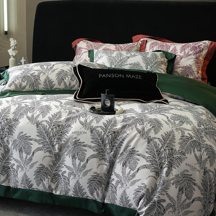 91家纺网 家纺一手货源 找家纺 威克凯丽 2024新款100S缎面数码印花四件套 夏日风情 绿