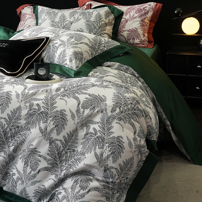 91家纺网 家纺一手货源 找家纺 威克凯丽 2024新款100S缎面数码印花四件套 夏日风情 绿